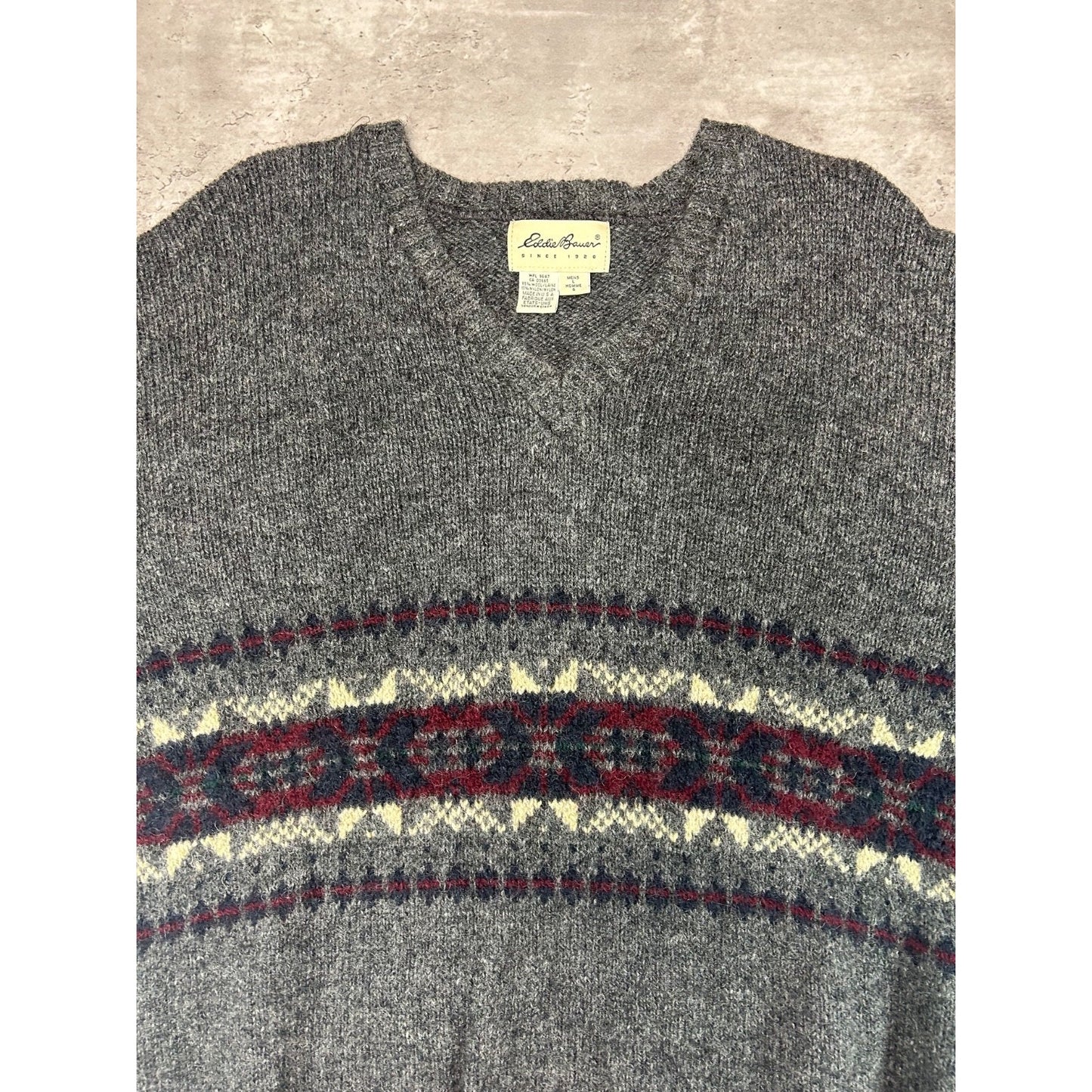 Vintage Eddie Bauer Abstract Striped Pullover V Neck Knit Sweater Size Large