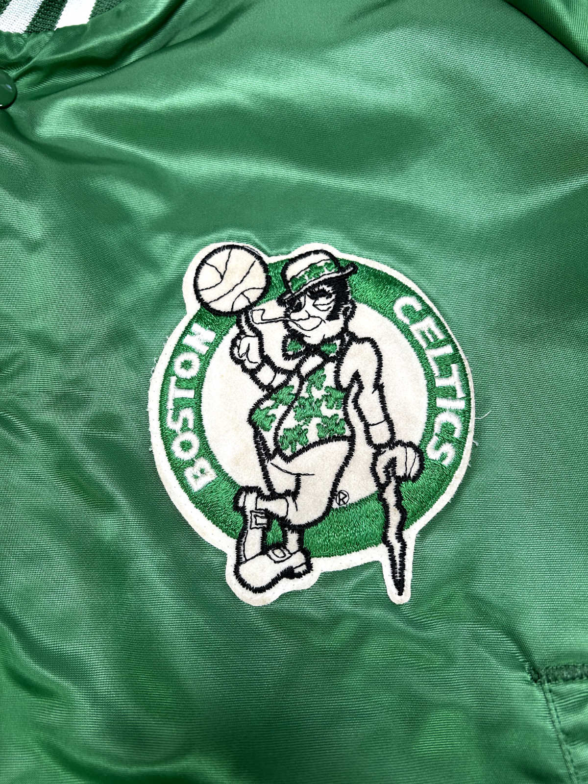 Vintage 80s Boston Celtics NBA Embroidered Spell Out Satin Bomber Jacket Sz M