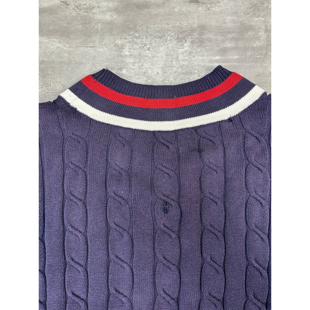 Vintage 90s Izod Embroidered Spellout Cable Knit V-Neck Sweater Size Large