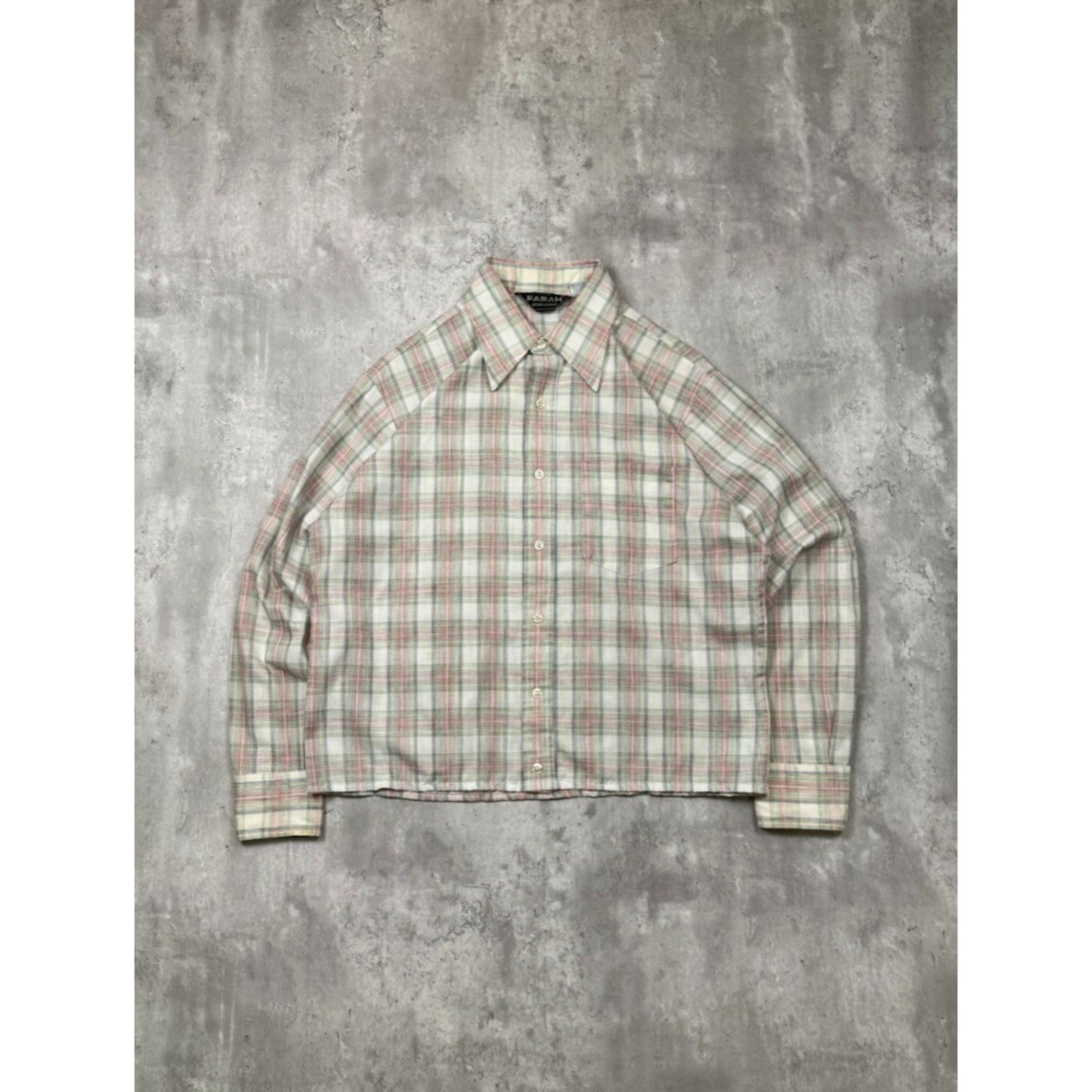 Vintage Farah Sportswear Plaid Single Pocket Cropped Button Up Shirt Size Large