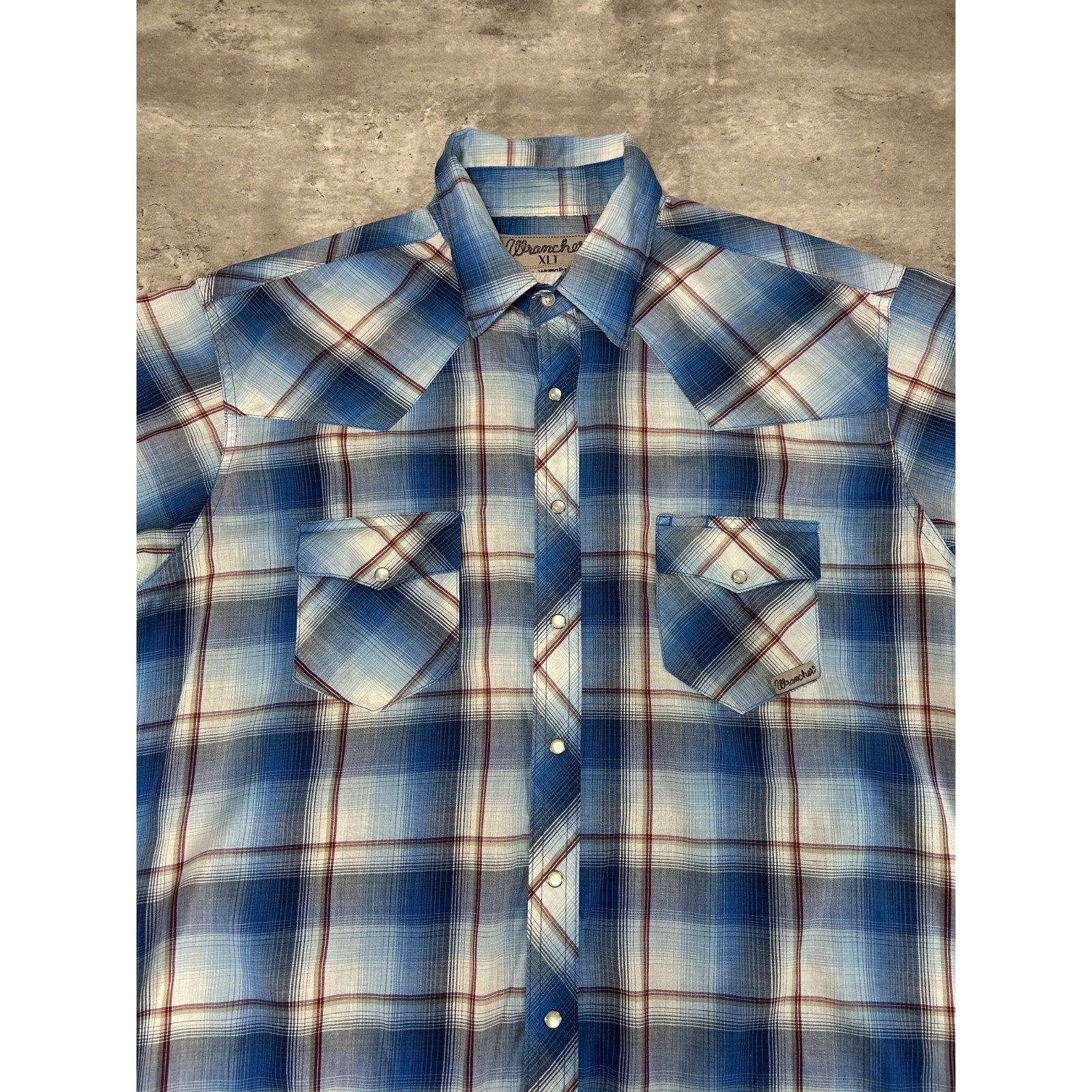 Vintage 80s Wrangler Wrancher Plaid Pearl Snap Short Sleeve Button Up Shirt XLT