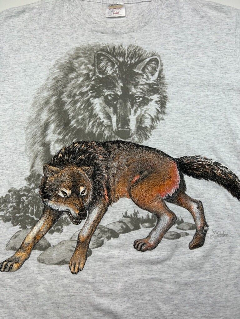 Vintage 90s Wolf Graphic Nature Animal T-Shirt Size Large Gray