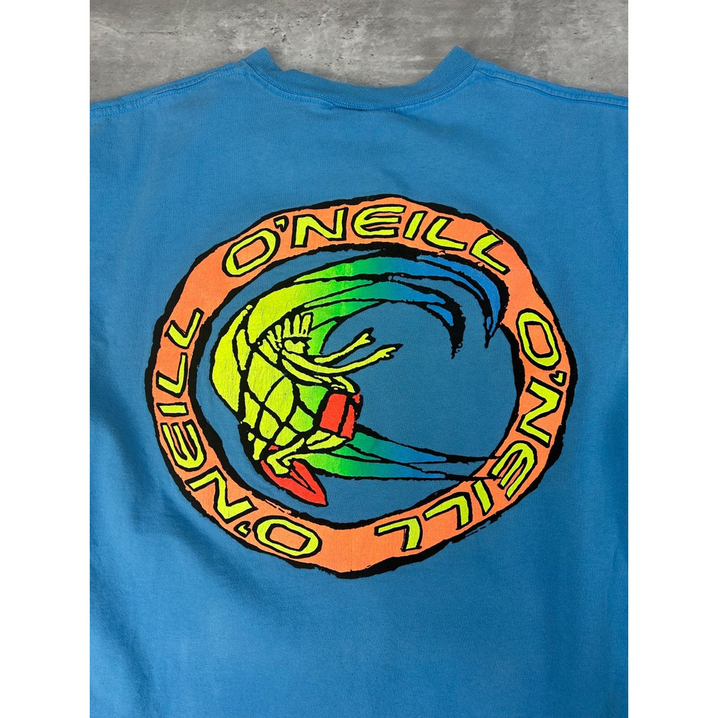 Vintage 90s O'Neill Cartoon Surfer Graphic Blue T-Shirt Size XL