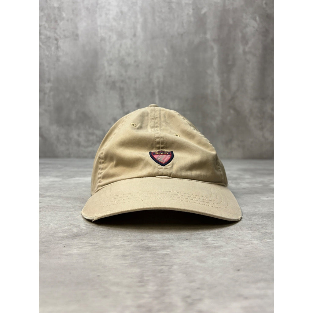 Vintage Polo Ralph Lauren Embroidered Spellout Crest Beige Strapback Hat OSFA