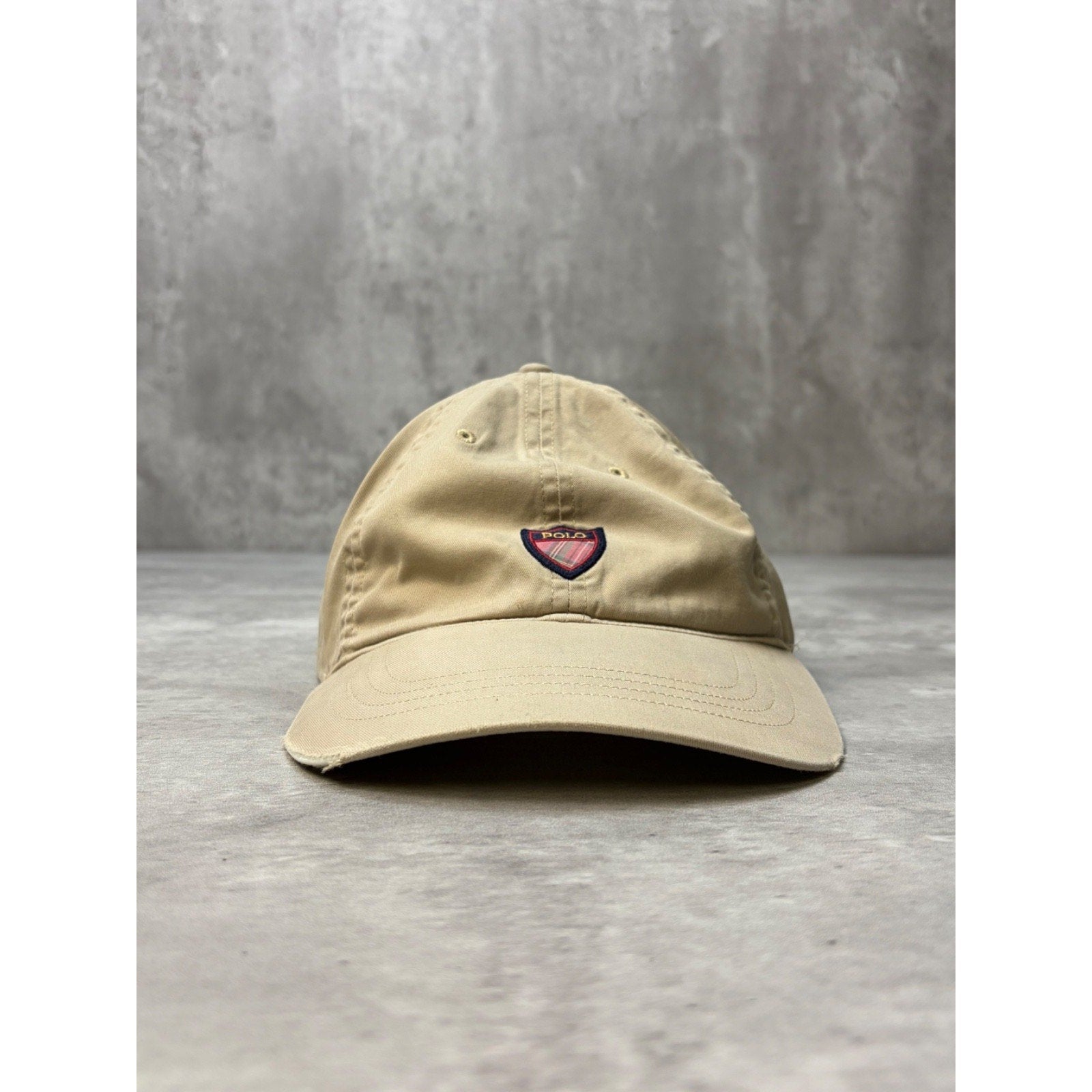 Vintage Polo Ralph Lauren Embroidered Spellout Crest Beige Strapback Hat OSFA