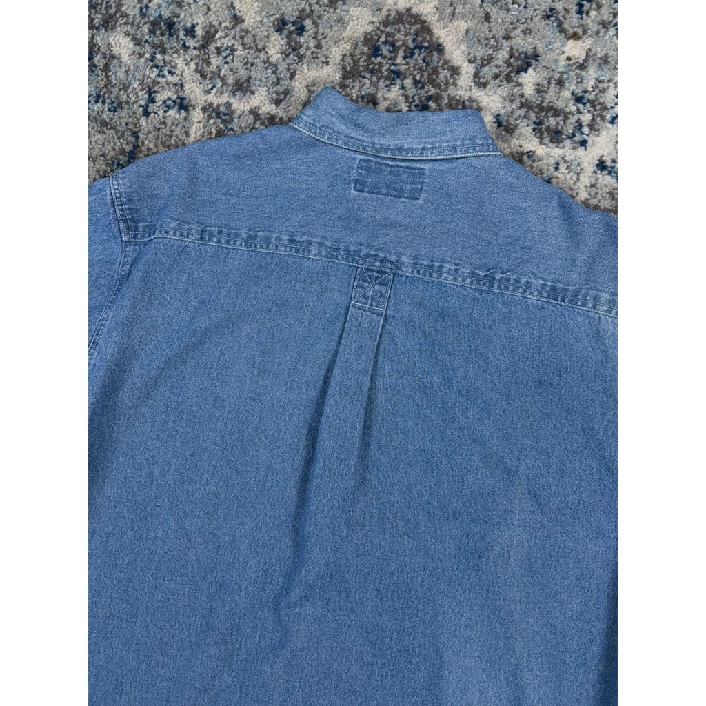 90s Budweiser Embroidered Logo Medium Wash Denim Button Up Shirt Size Large