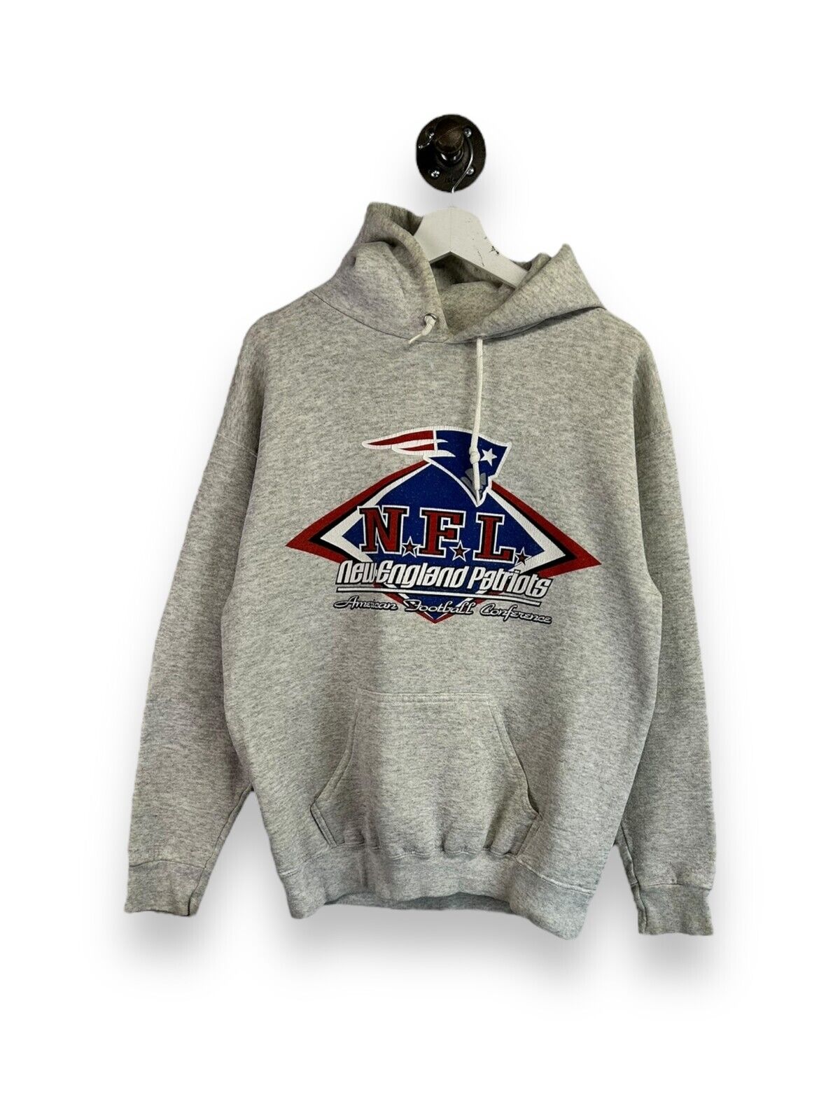 Vintage 90s New England Patriots NFL Graphic Hooded Sweatshirt Size Medium Gray