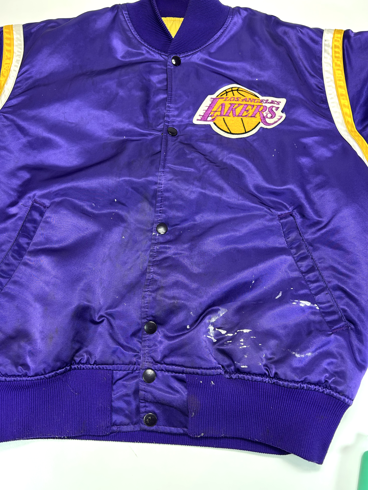 Vintage 80s Los Angeles Lakers Embroidered Satin Starter Bomber Jacket Sz Large