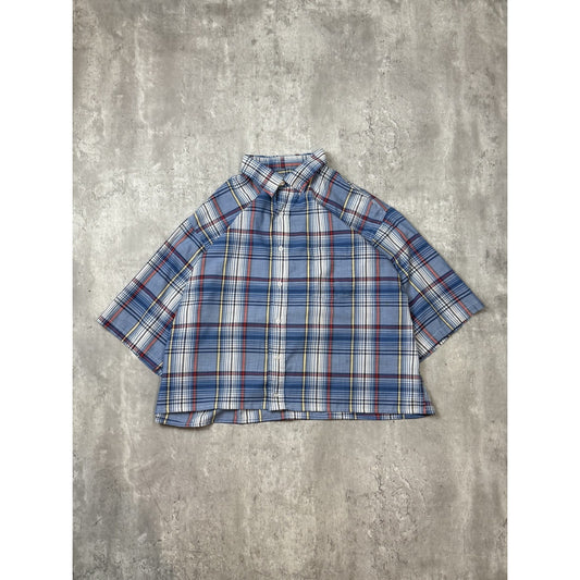 Vintage 90s Plaid Print Short Sleeve Reworked Cropped Button Up Shirt Size 2XL