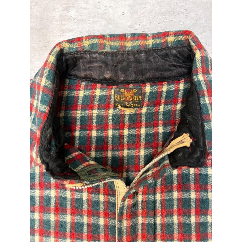 Vintage 1950s Buckskein 1005 Wool Plaid Print Full Zip Flannel Shirt Size Large