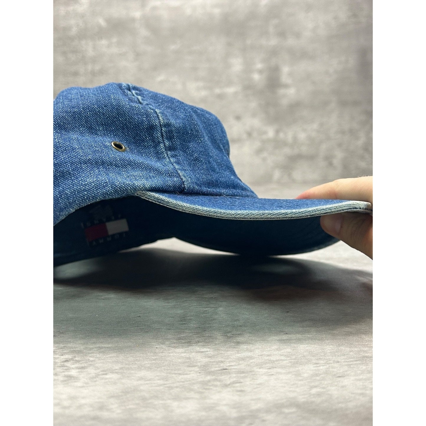 Vintage 90s Tommy Jeans Dark Wash Denim Embroidered Patch Strapback Hat OSFA