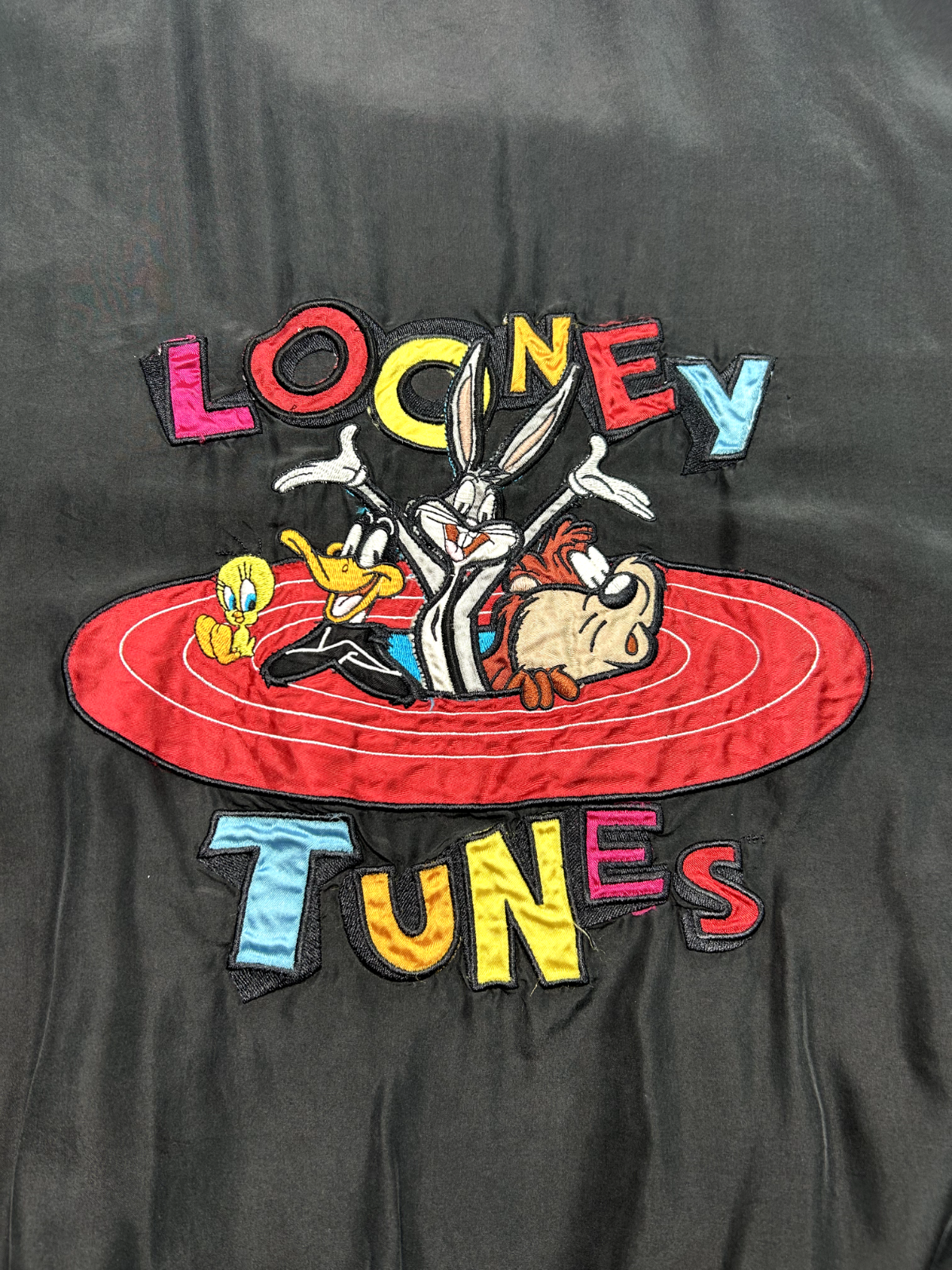 Vintage 90s Looney Tunes Embroidered Patch Full Zip Bomber Jacket Size 2XL Black
