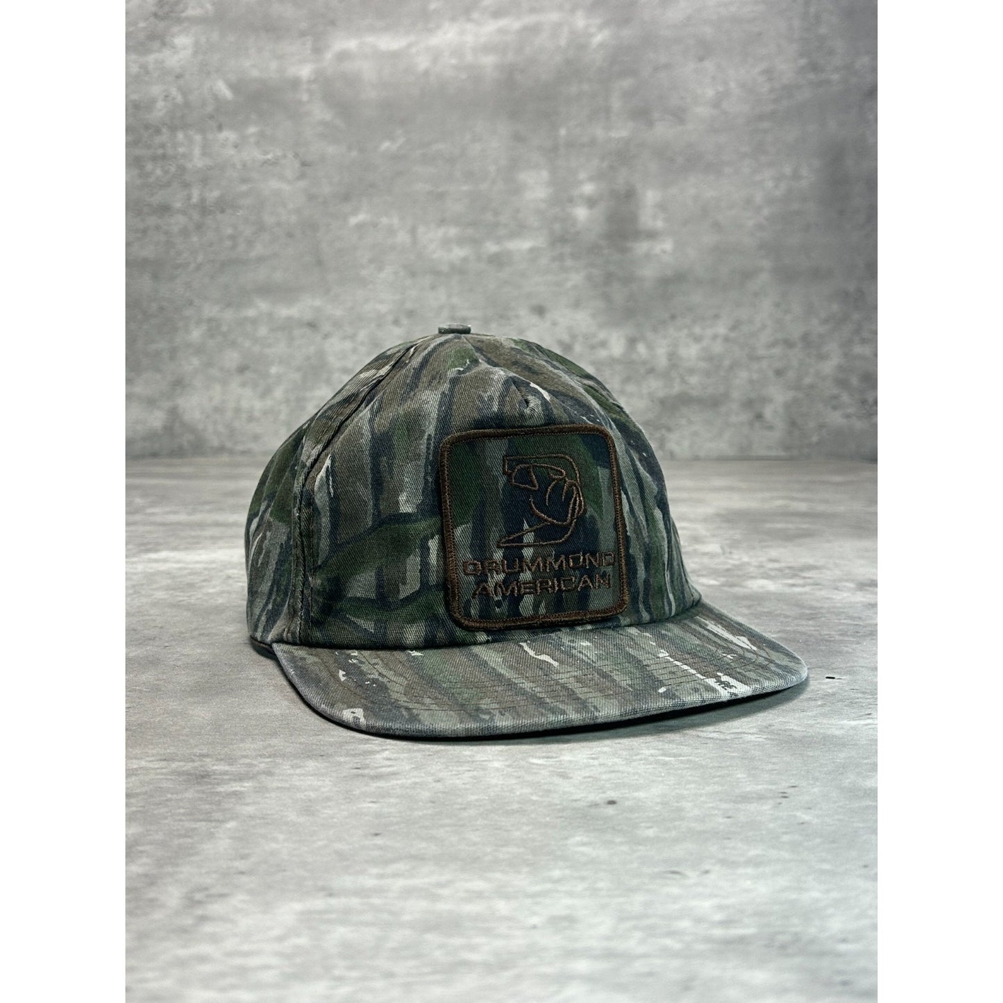 Vintage 80s Drummond American Embroidered Tree Camo Hunting Snapback Hat OSFA