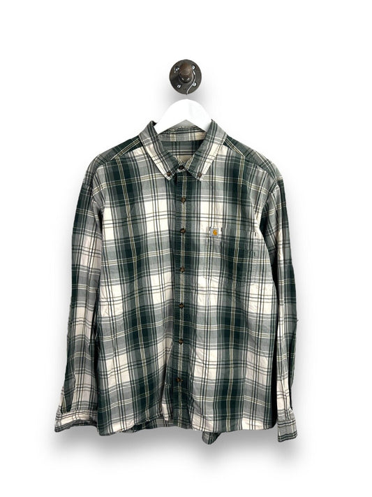 Vintage Carhartt Single Pocket Plaid Workwear Button Up Shirt Size XL Green