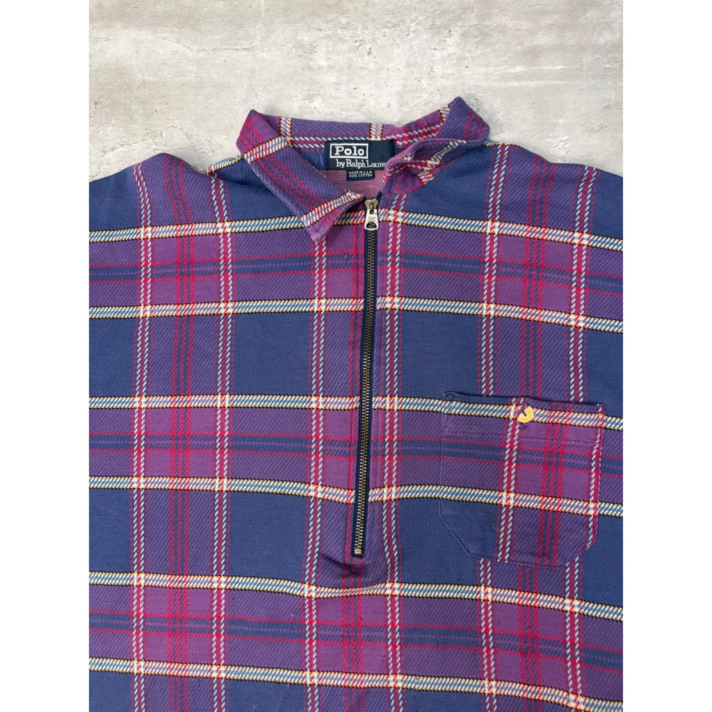 Vintage Polo Ralph Lauren Plaid 1/2 Zip Collared Crewneck Sweatshirt Size Large