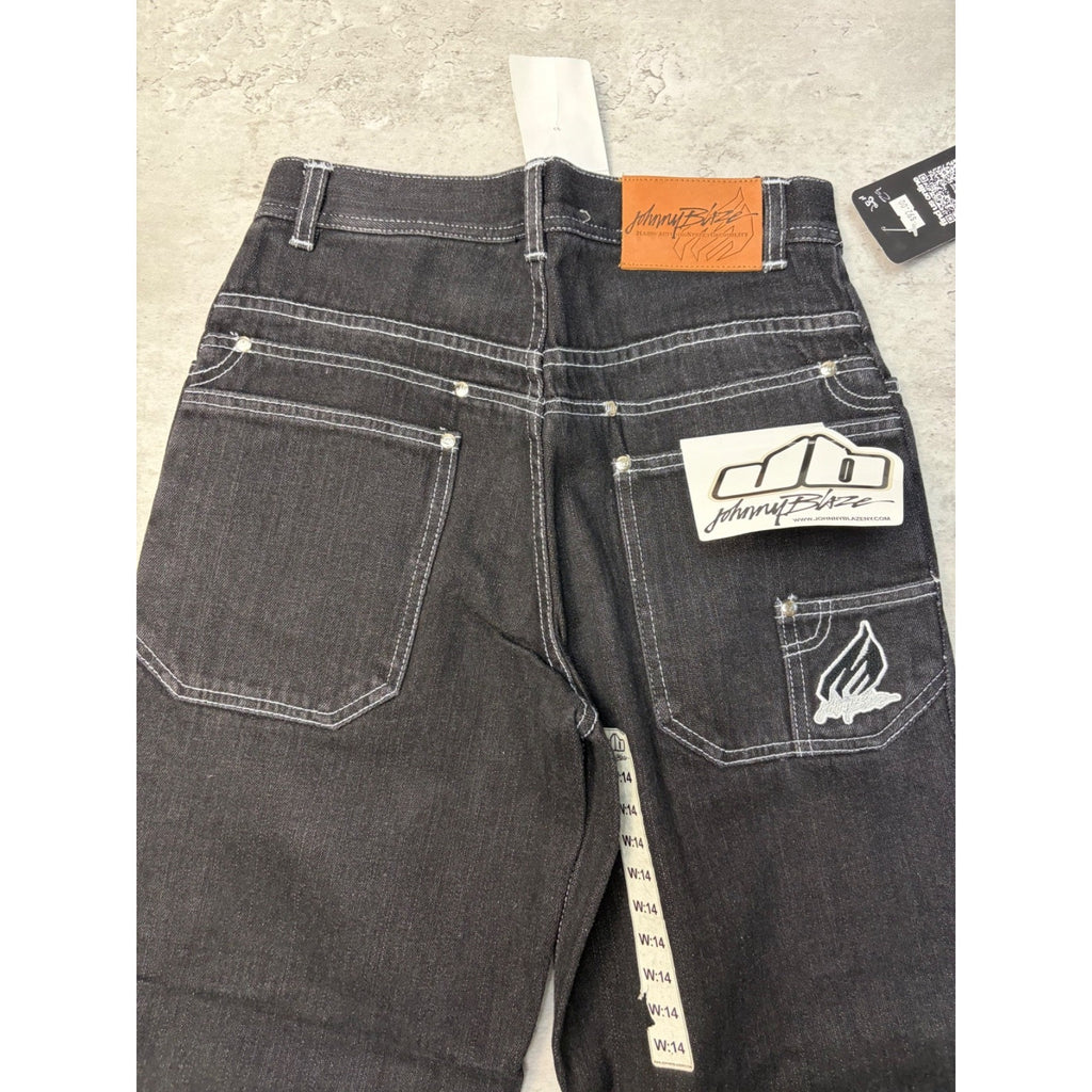 Y2K Womens Johnny Blaze Embroidered Spellout Black Wash Denim Pants 28x29