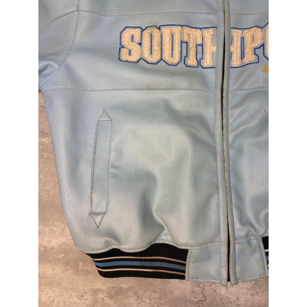 Vintage Y2K Southpole Embroidered Spellout Leather Bomber Jacket Size XL