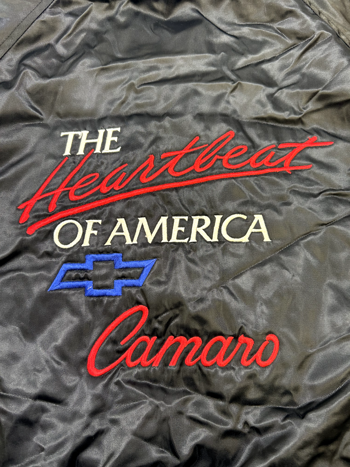 Vintage 80s/90s Heartbeat Of America Camaro Satin Bomber Jacket Size Small Black