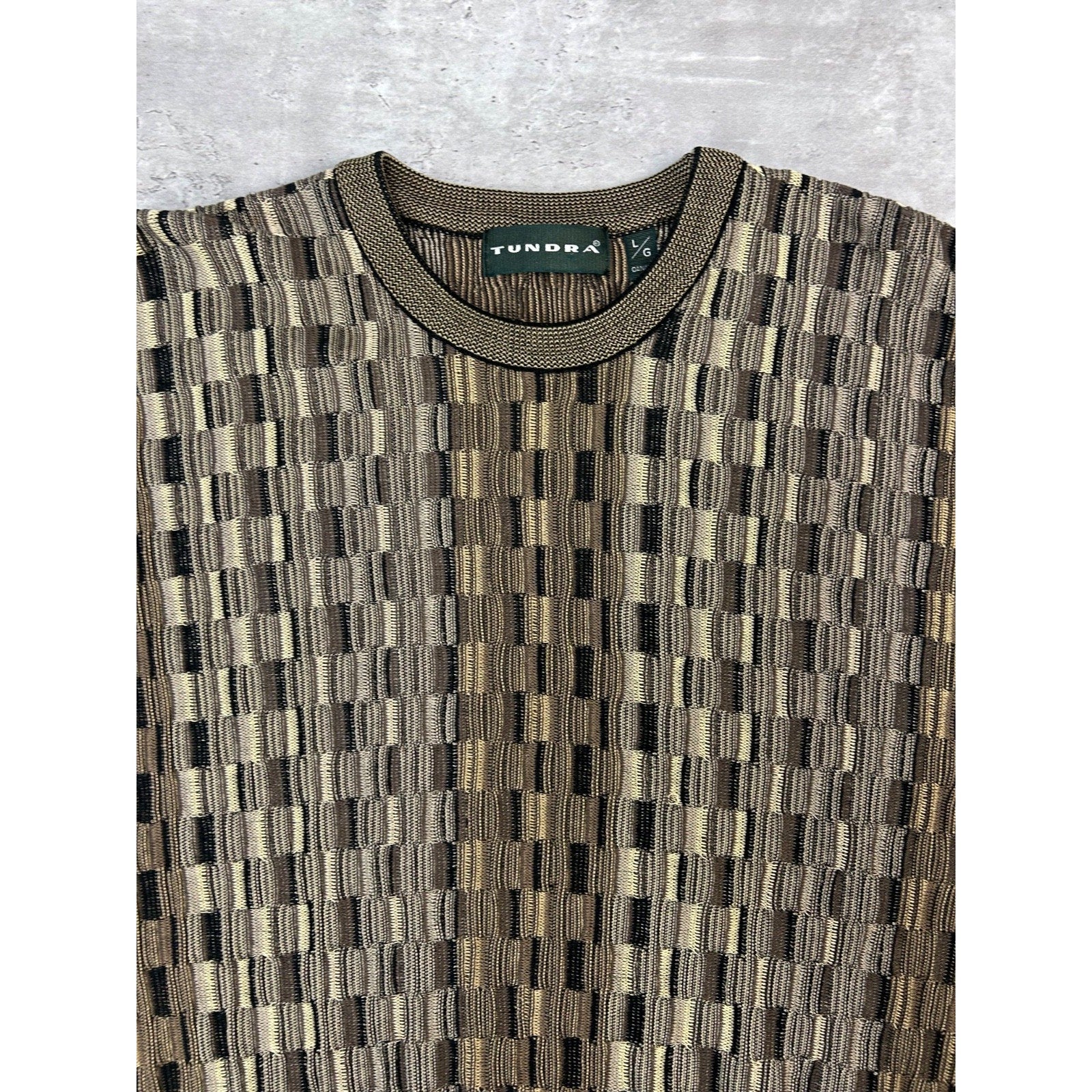 Vintage 90s Tundra 3D Checkered Print Pullover Lightweight Knit Sweater Sz Large