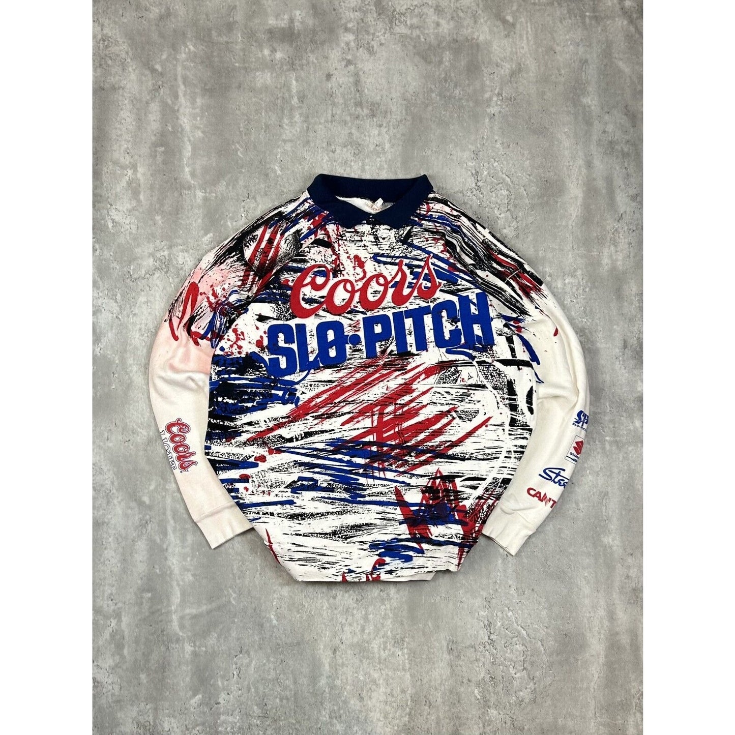 Vintage 90s Coors Slo-Pitch All Over Print Graphic Collared Sweatshirt Size XL