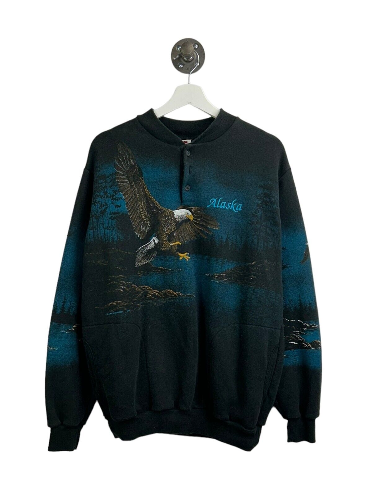 Vintage 90s Art Unlimited Alaska Wilderness Bald Eagle Sweatshirt AOP Sz Large