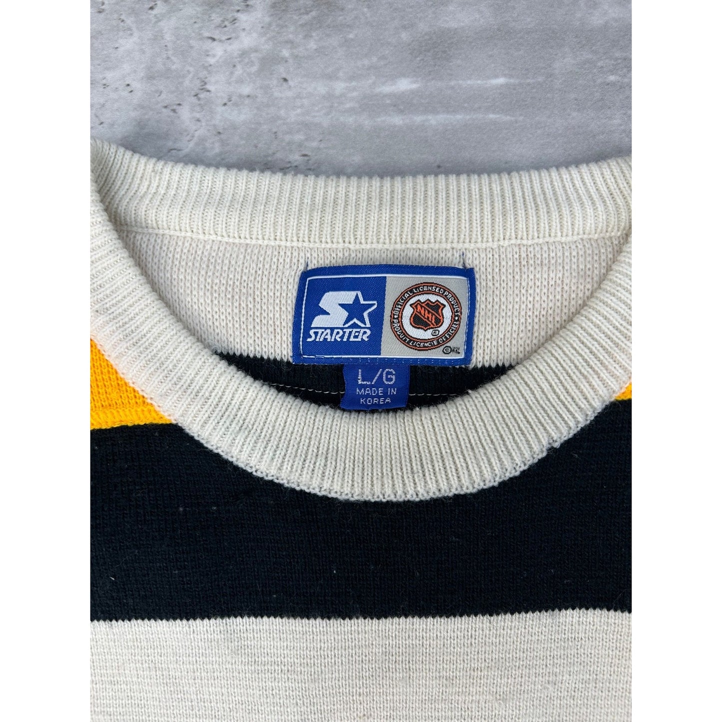 Vintage 90s Boston Bruins NHL Starter Jersey Style Knit Sweater Size Large