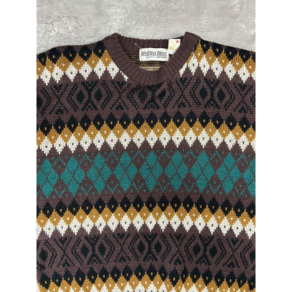 Vintage 90s Jonathan Bryan Diamond Stripe Print Pullover Knit Sweater Sz Medium