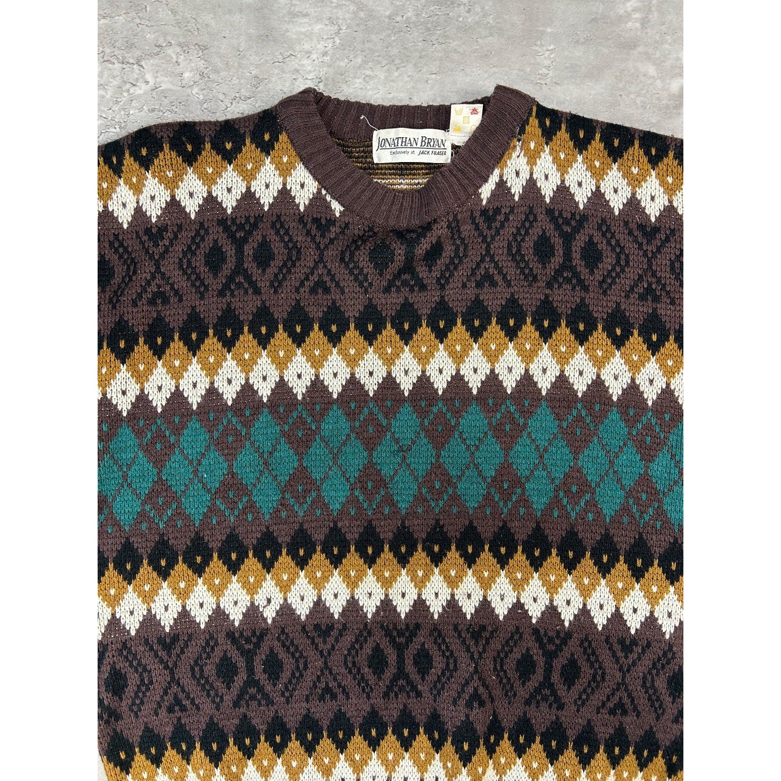 Vintage 90s Jonathan Bryan Diamond Stripe Print Pullover Knit Sweater Sz Medium