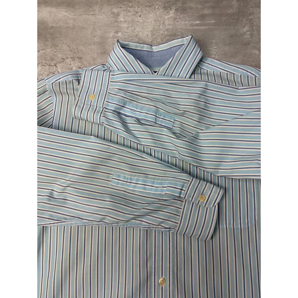 Vintage Chaps Single Pocket Striped Cropped Button Up Shirt Size Medium