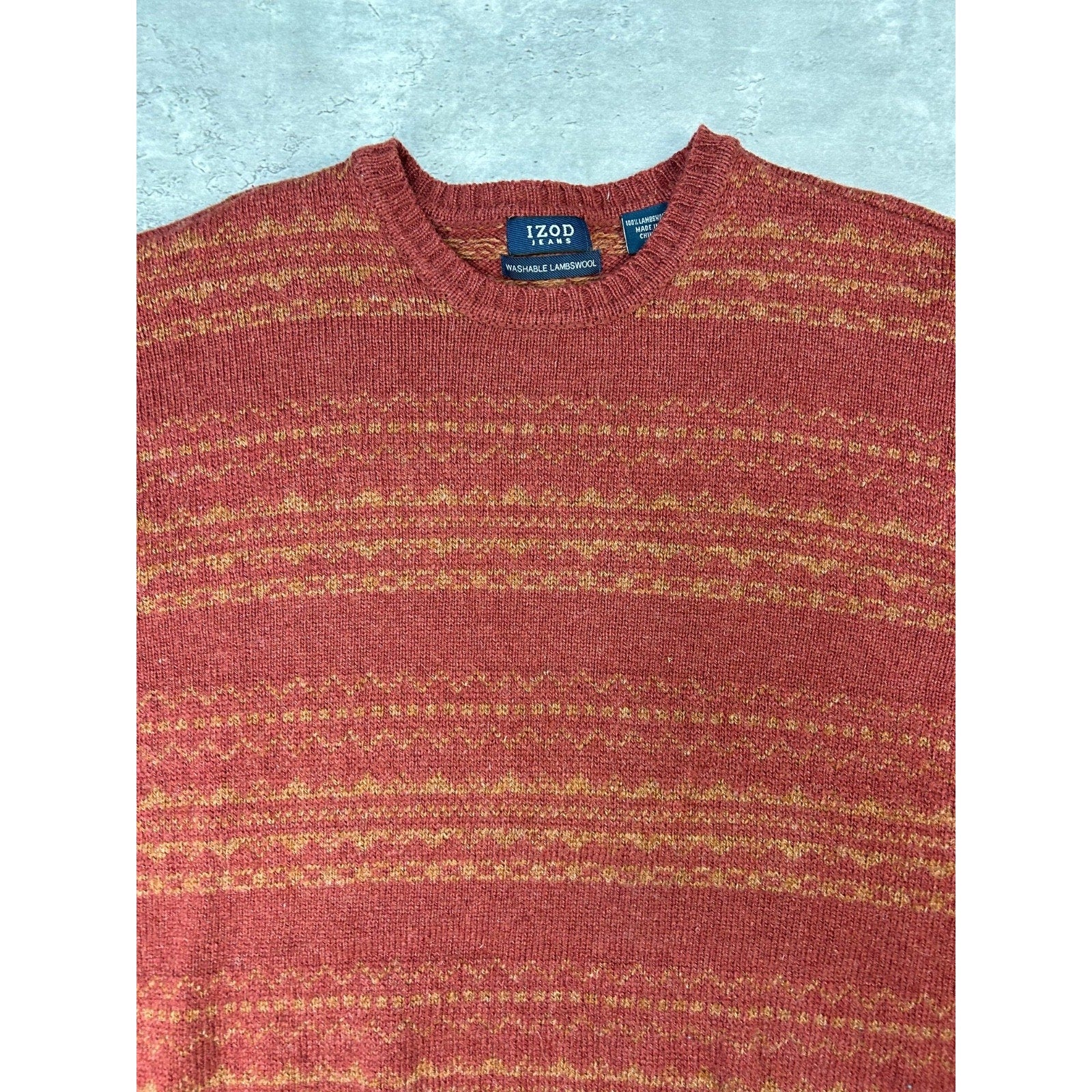 Vintage Izod Jeans Abstract Striped Pullover Knit Sweater Size Large Red