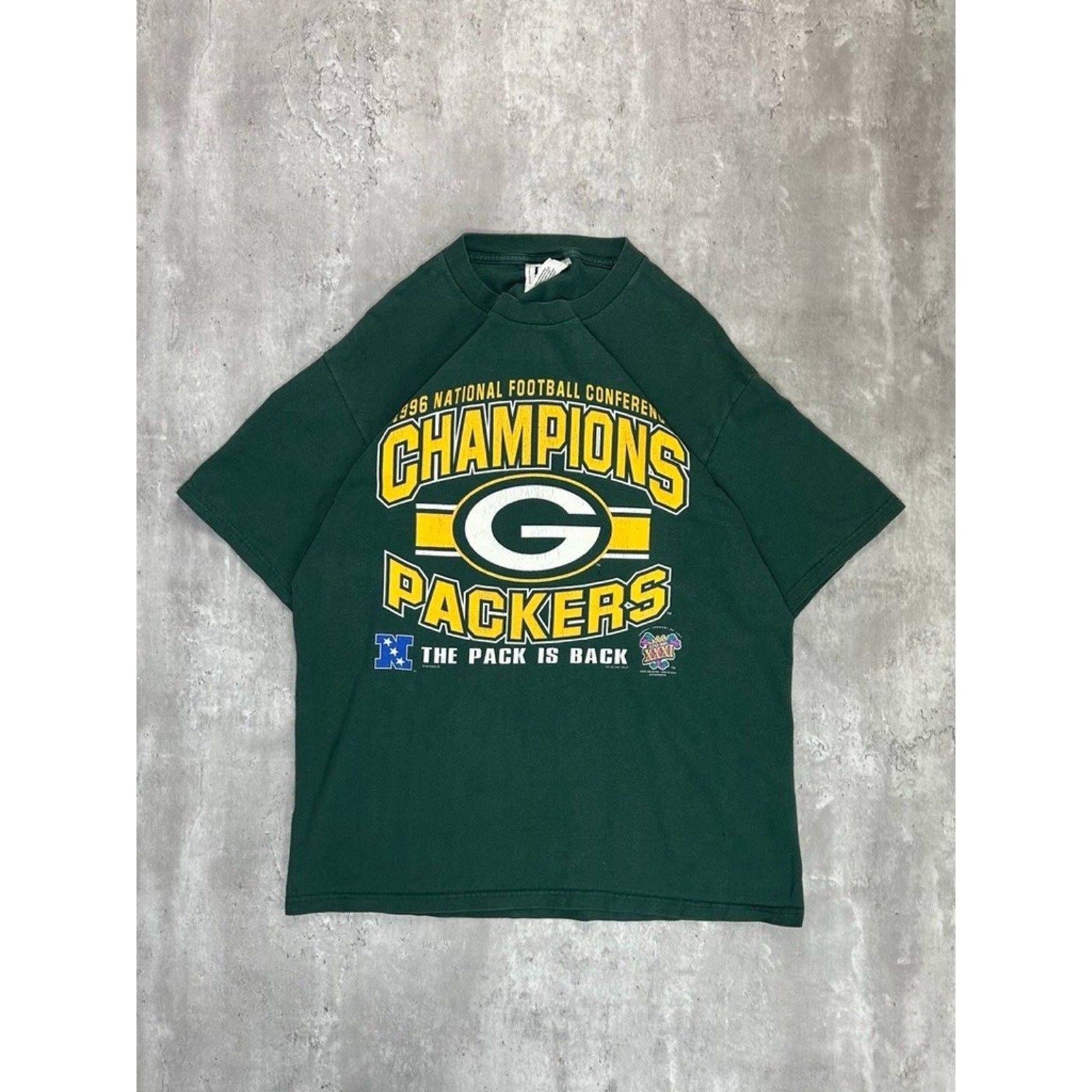 Vintage 1996 Green Bay Packers NFL NFC Champs Graphic Spellout T-Shirt Sz Large