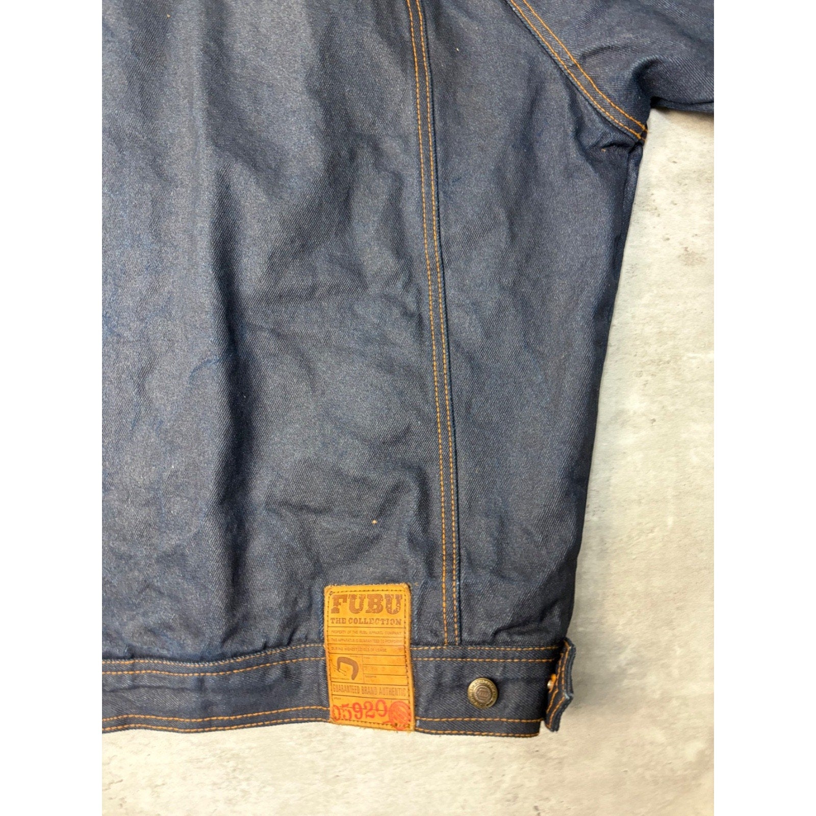 Vintage Y2K Fubu Contrast Embroidery Dark Wash Waxed Denim Jacket Size XL