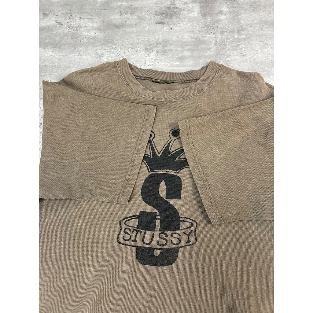 Vintage Stussy Crown Graphic Earth Tone Spellout T-Shirt Size LT