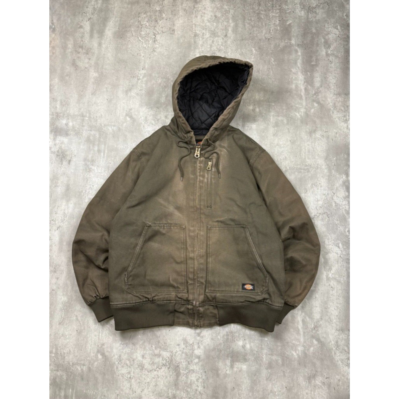 Vintage Dickies Quilted Lined Canvas Workwear Hooded Bomber Jacket Size Large