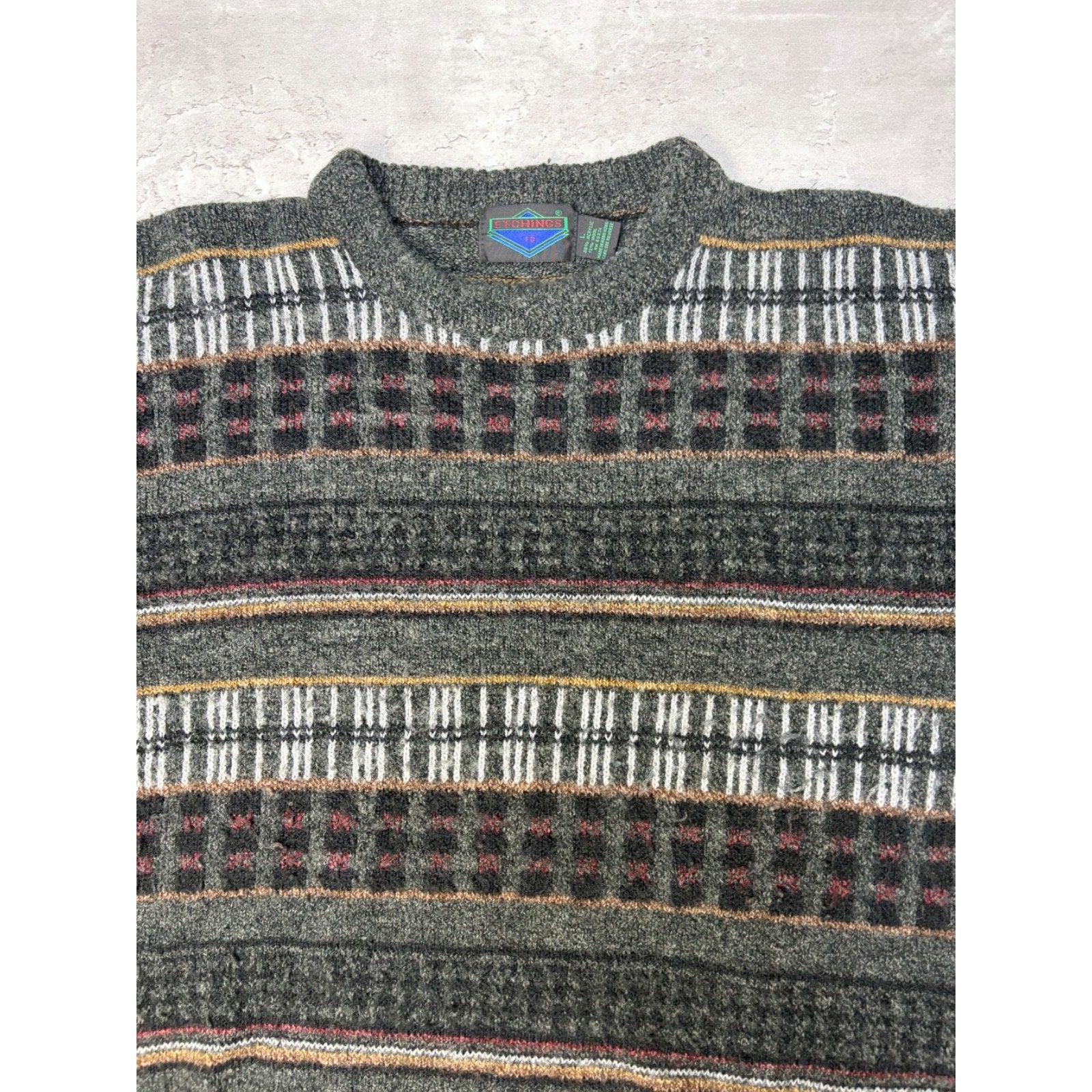 Vintage 80s/90s Etchings Abstract Striped Print Pullover Knit Sweater Size Large