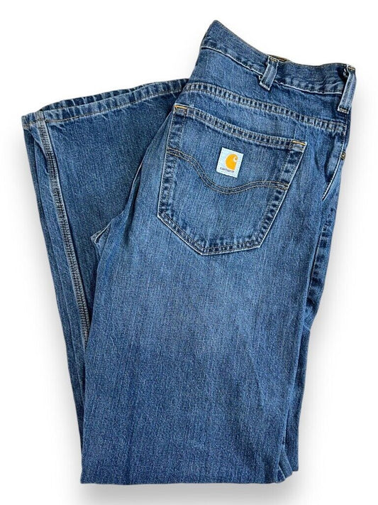 Carhartt Loose Fit Straight Leg Medium Wash Denim Work Wear Pants Size 34W Blue