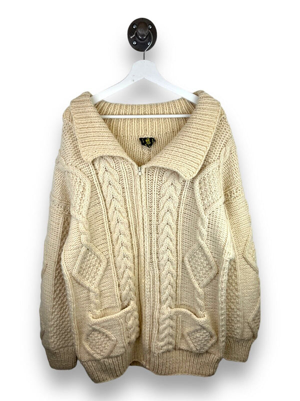 Vintage Tejidos Indigenas 100% Wool Cable Knit Full Zip Sweater Size XL Beige