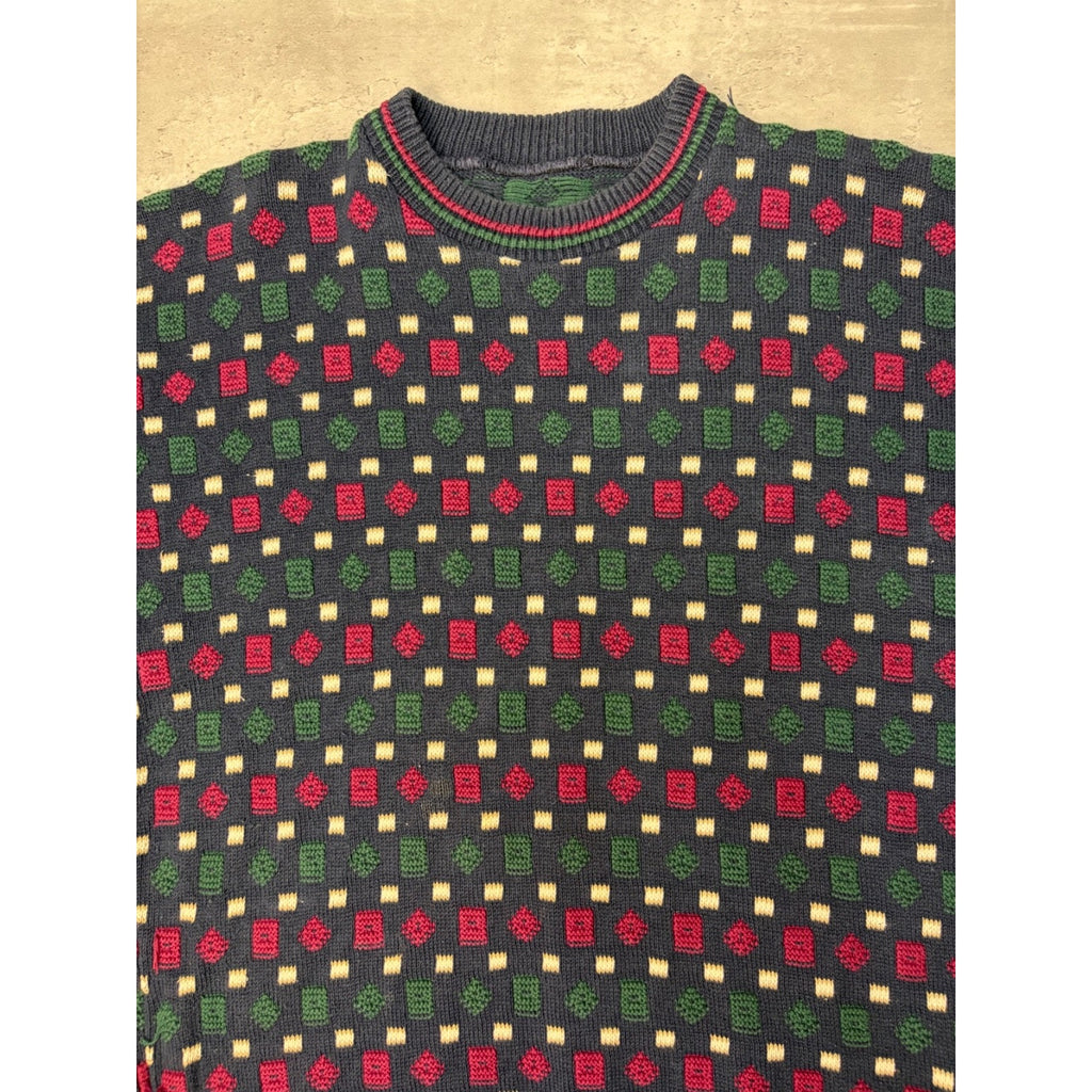 Vintage 90s Geometric Pattern Print Pullover Ribbed Knit Sweater Size Large