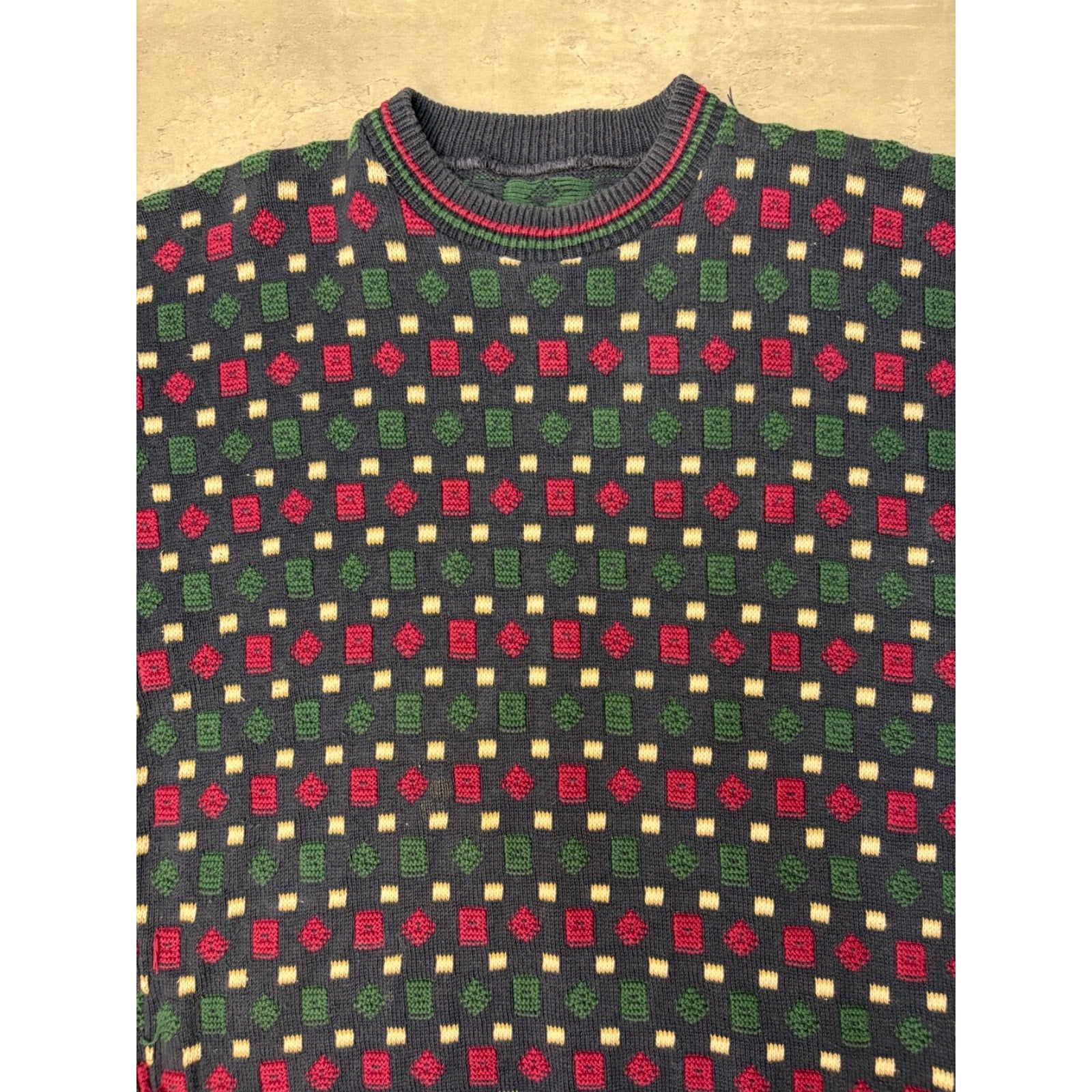 Vintage 90s Geometric Pattern Print Pullover Ribbed Knit Sweater Size Large