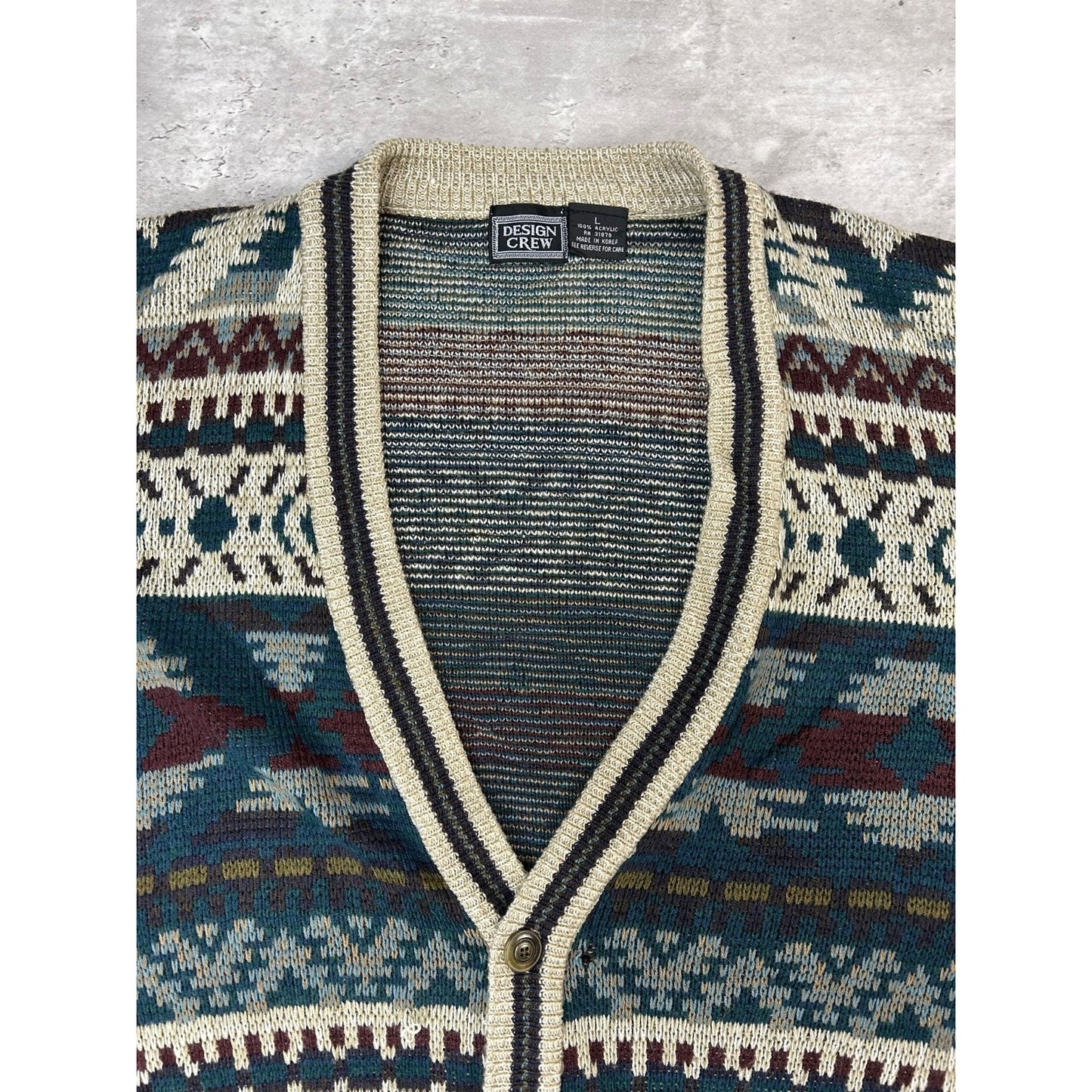 Vintage 90s Design Crew Abstract Striped Knit Cardigan Sweater Size Large