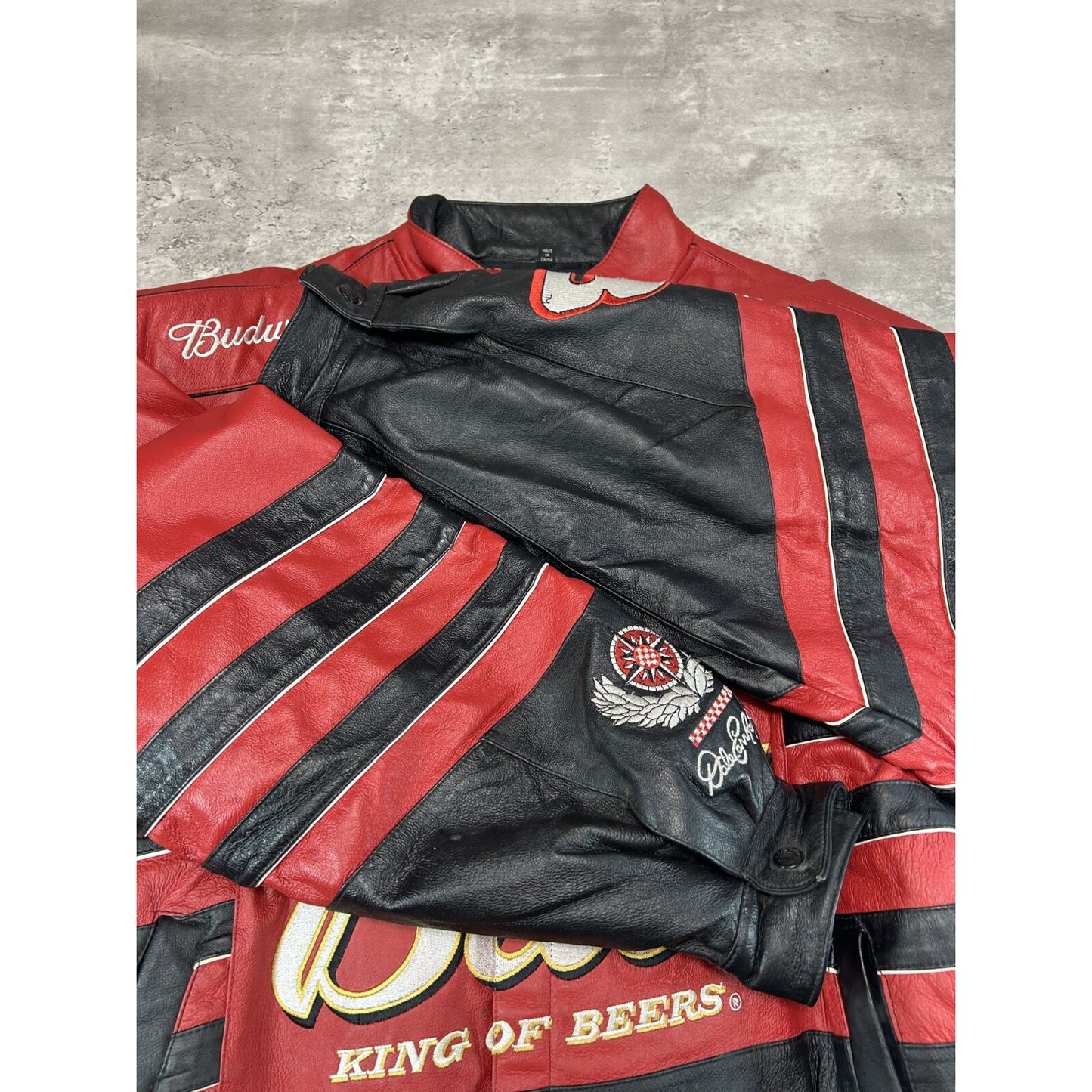 Vintage 90s Jeff Hamilton Budweiser King Of Beers Nascar Leather Race Jacket XL