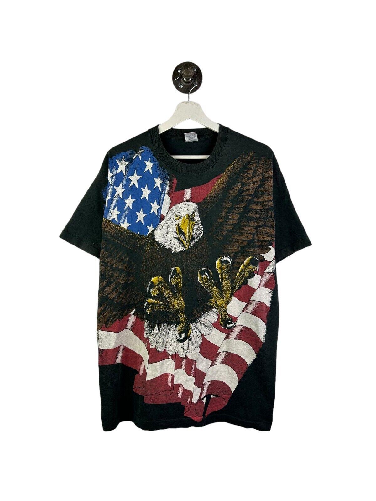 Vintage 90s Bald Eagle American Flag All Over Print Graphic T-Shirt Size XL