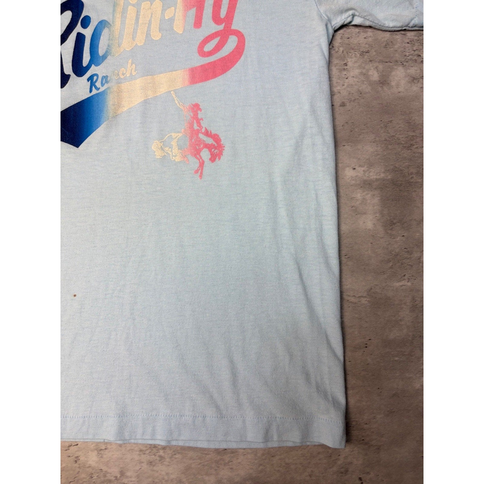 Vintage 80s Ridin-Hy Ranch Gradient Script Spellout T-Shirt Size Small
