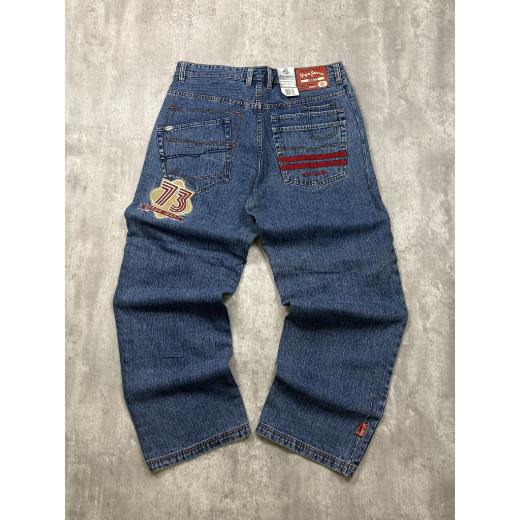 Vintage Y2K Pepe Jeans Big Football Graphic Medium Wash Denim Pants Size 38x33