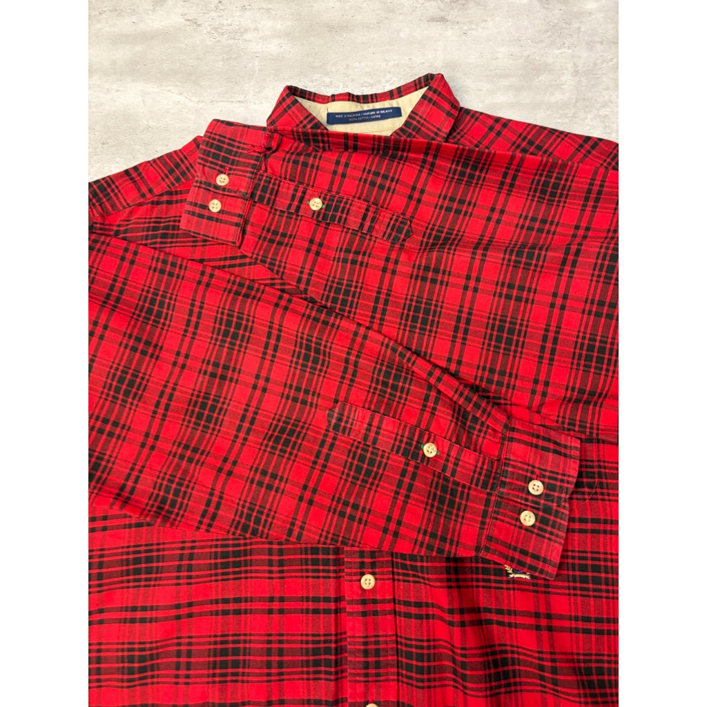 Vintage Tommy Hilfiger Embroidered Crest Plaid Cropped Button Up Shirt Sz Medium