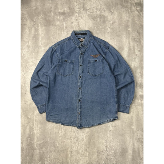 Vintage Y2K Harley Davidson Graphic Logo Denim Button Up Shirt Size Large Blue