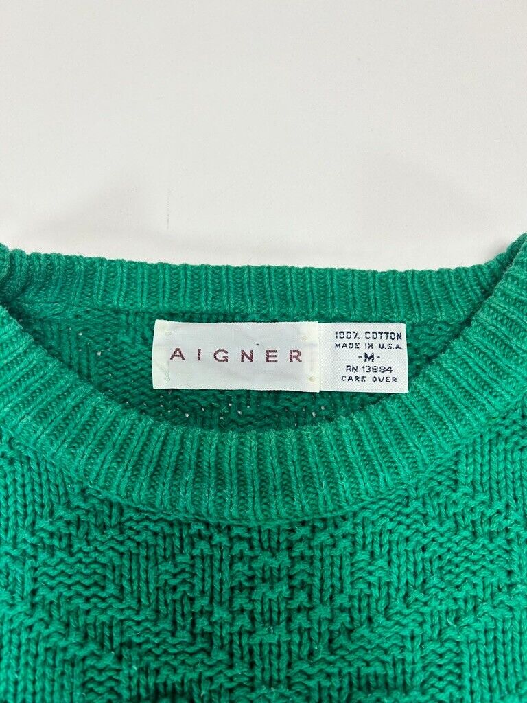 Vintage 90s Aigner Textured Pattern Print Ribbed Knit Sweater Size Medium Green