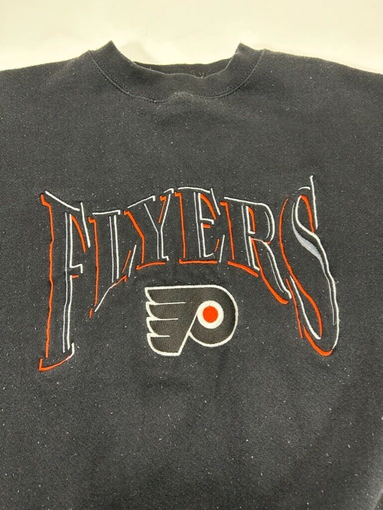 VTG 90s Philadelphia Flyers NHL Embroidered Spellout Hockey Sweatshirt Sz Large