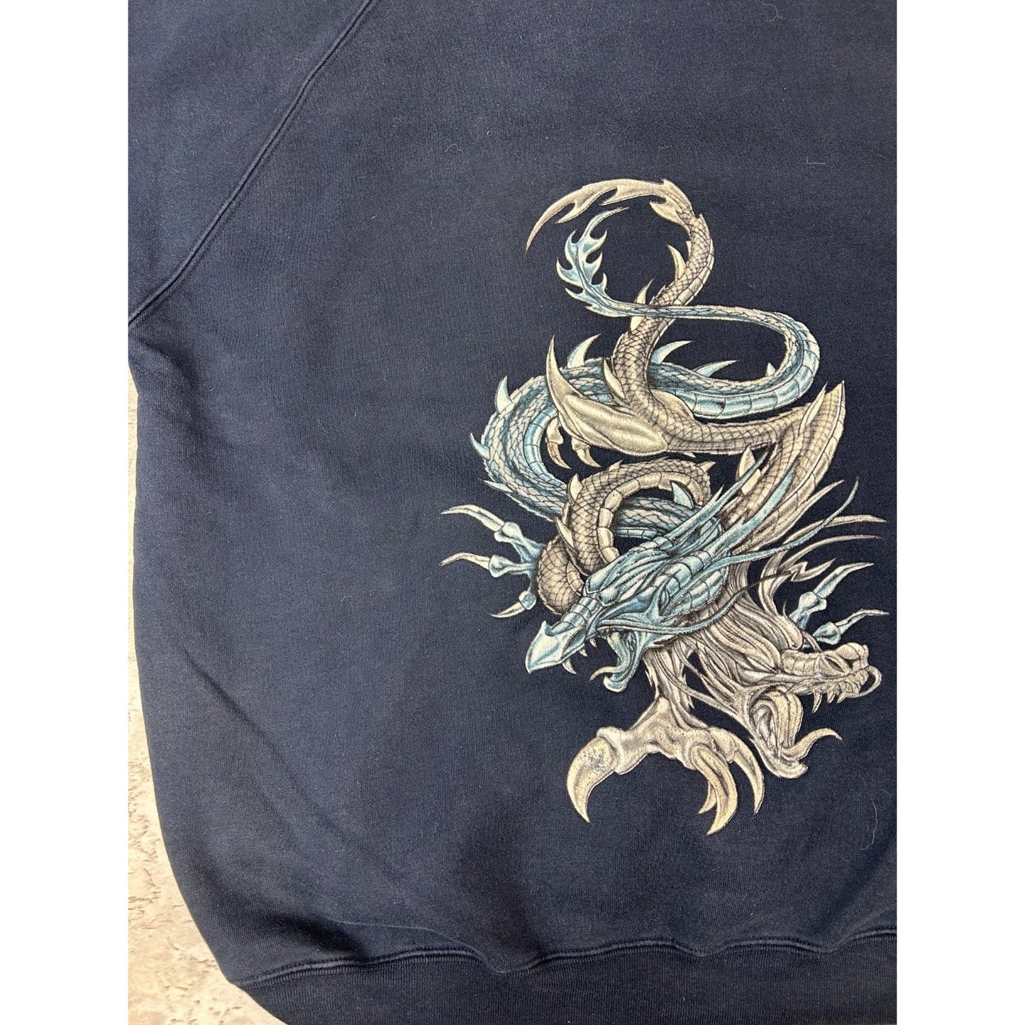 Vintage Y2K Dragon Graphic Pullover Hooded Sweatshirt Size Medium Blue