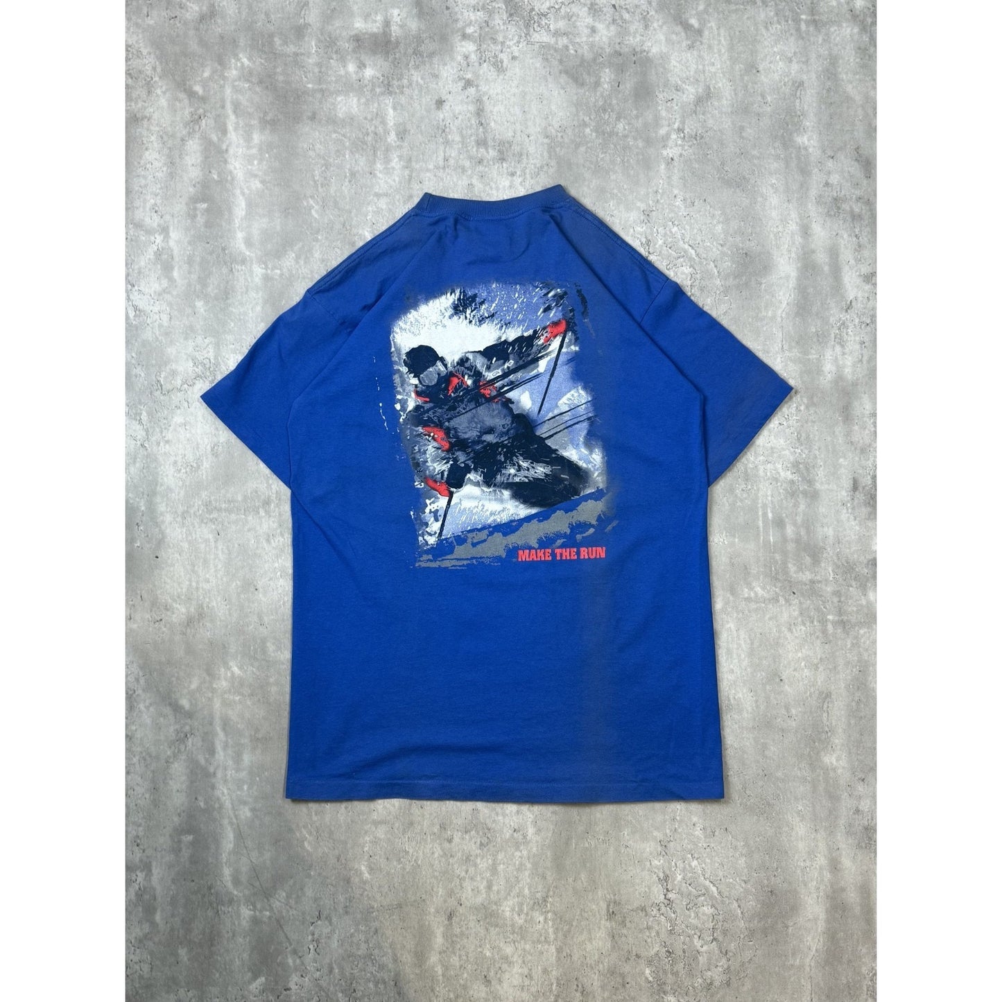 Vintage 90s Make The Run Skiing Graphic T-Shirt Size Large Blue